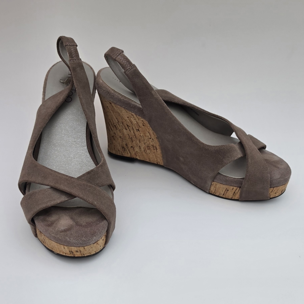 me too Taupe Suede Cork Wedge Slingback Sandals